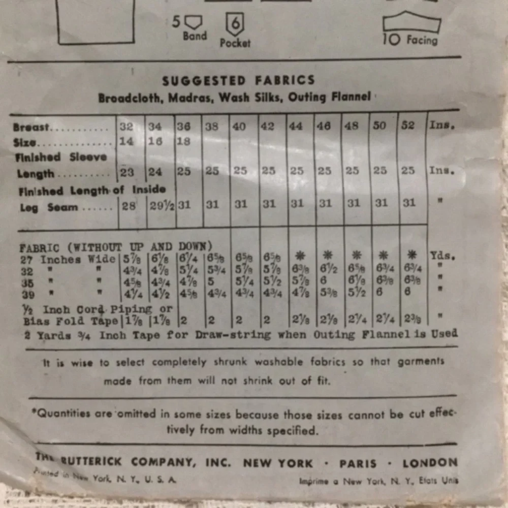 40s men’s pajamas sewing pattern, Butterick 1111, chest 42”